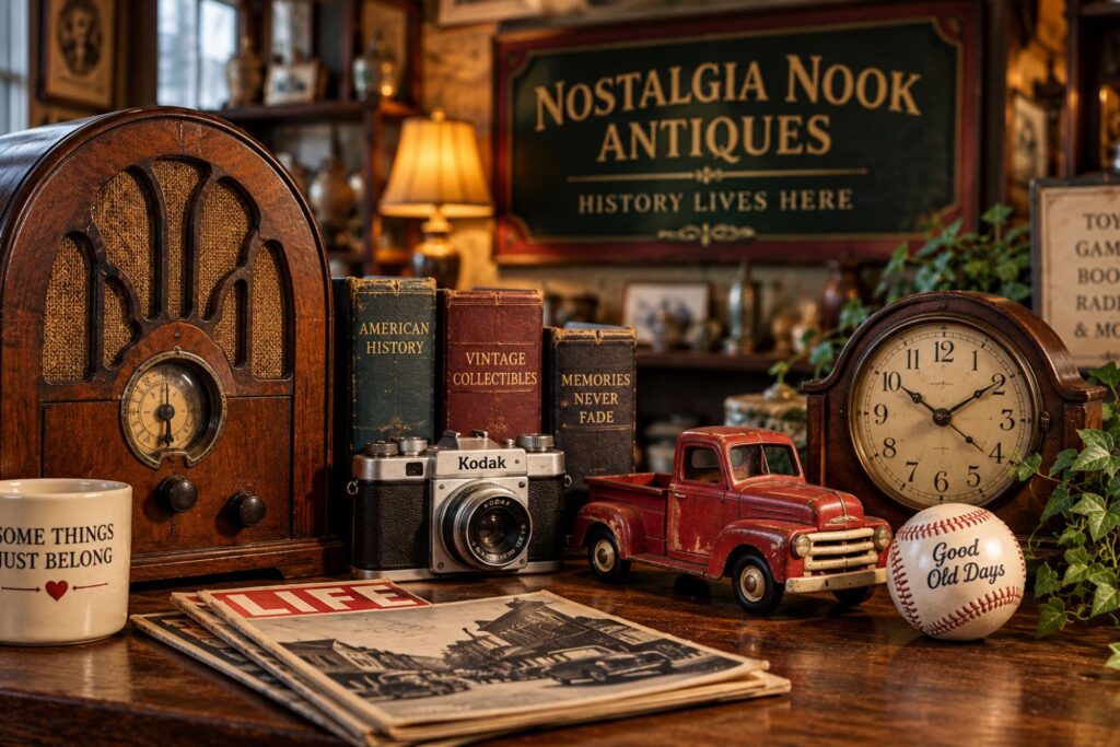Vintage collectibles displayed at Nostalgia Nook Antiques