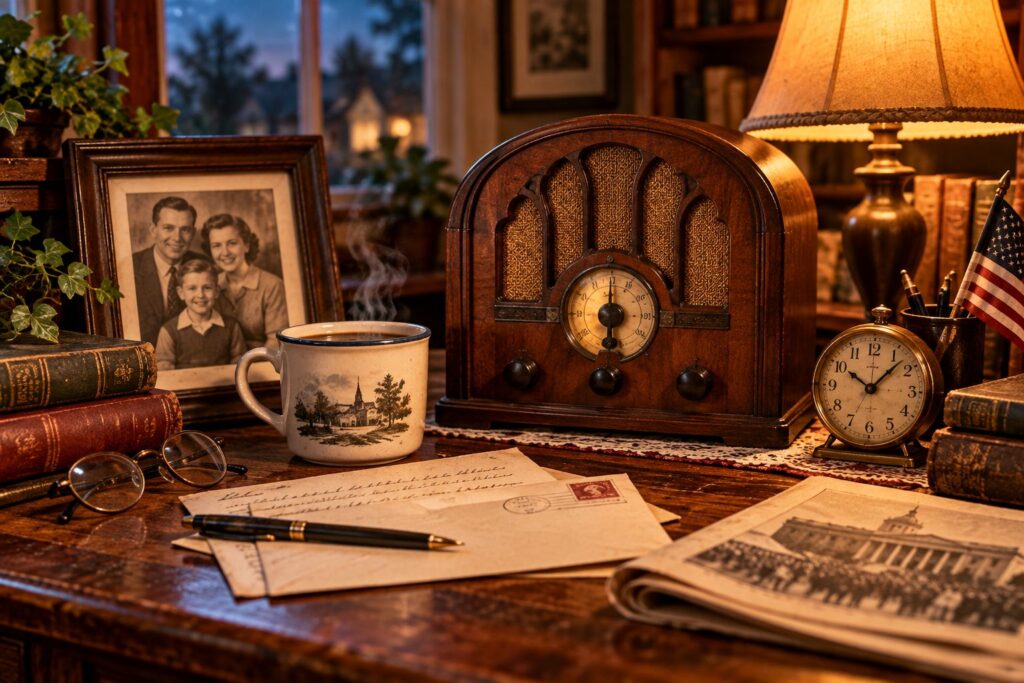 Vintage radio, family photograph, letters, and books representing nostalgic stories