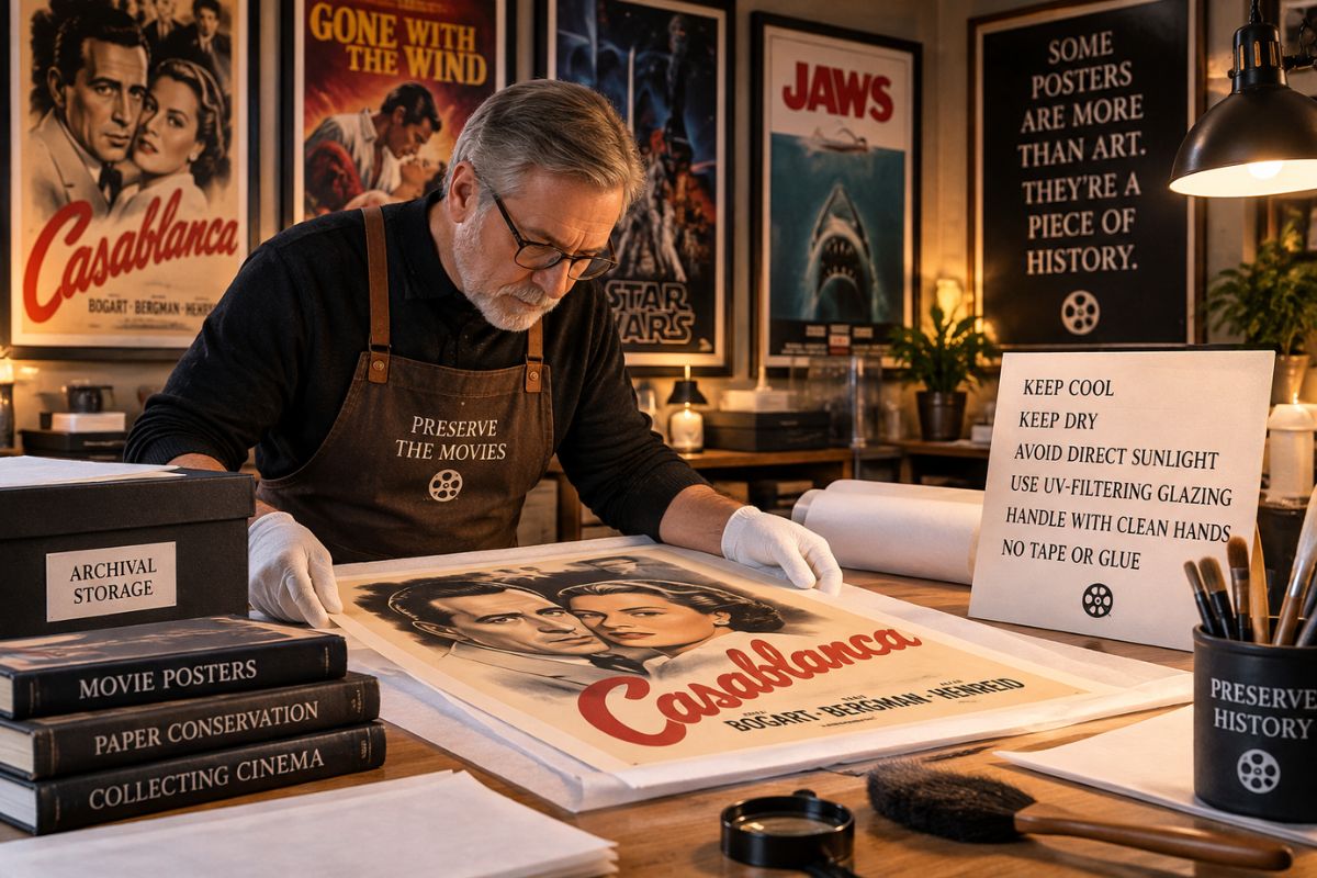 Vintage film posters being carefully preserved by a paper conservator