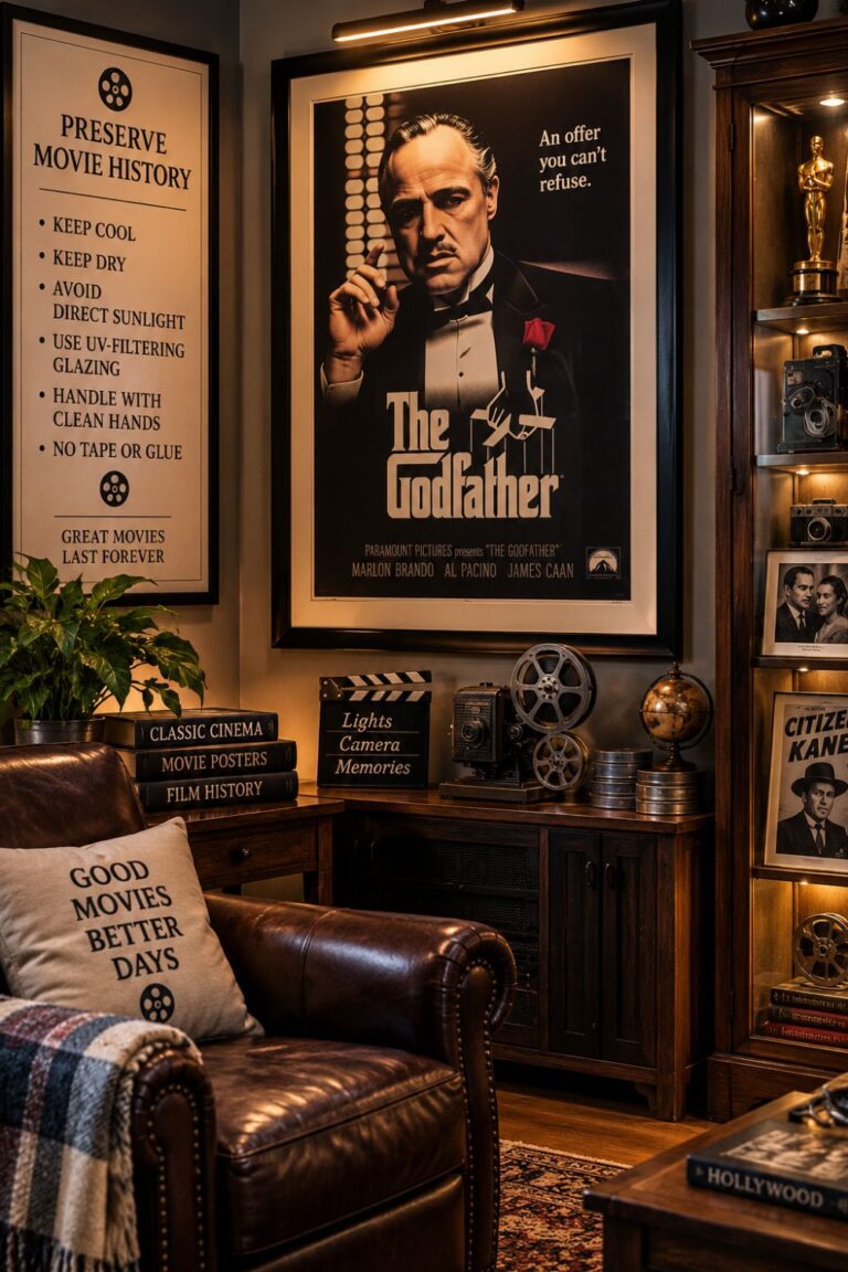 Vintage film posters protected and displayed in a collector's home