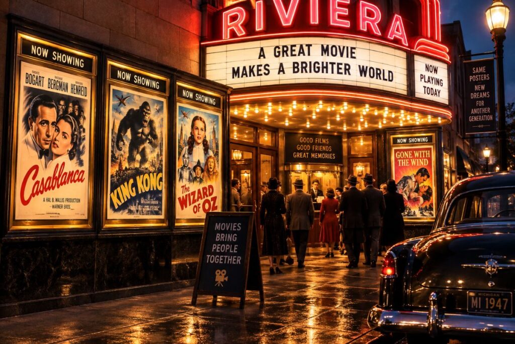 Vintage film posters displayed outside a classic movie theater at night