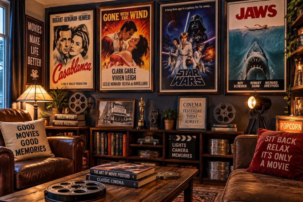 Vintage film posters displayed in a movie collector's home