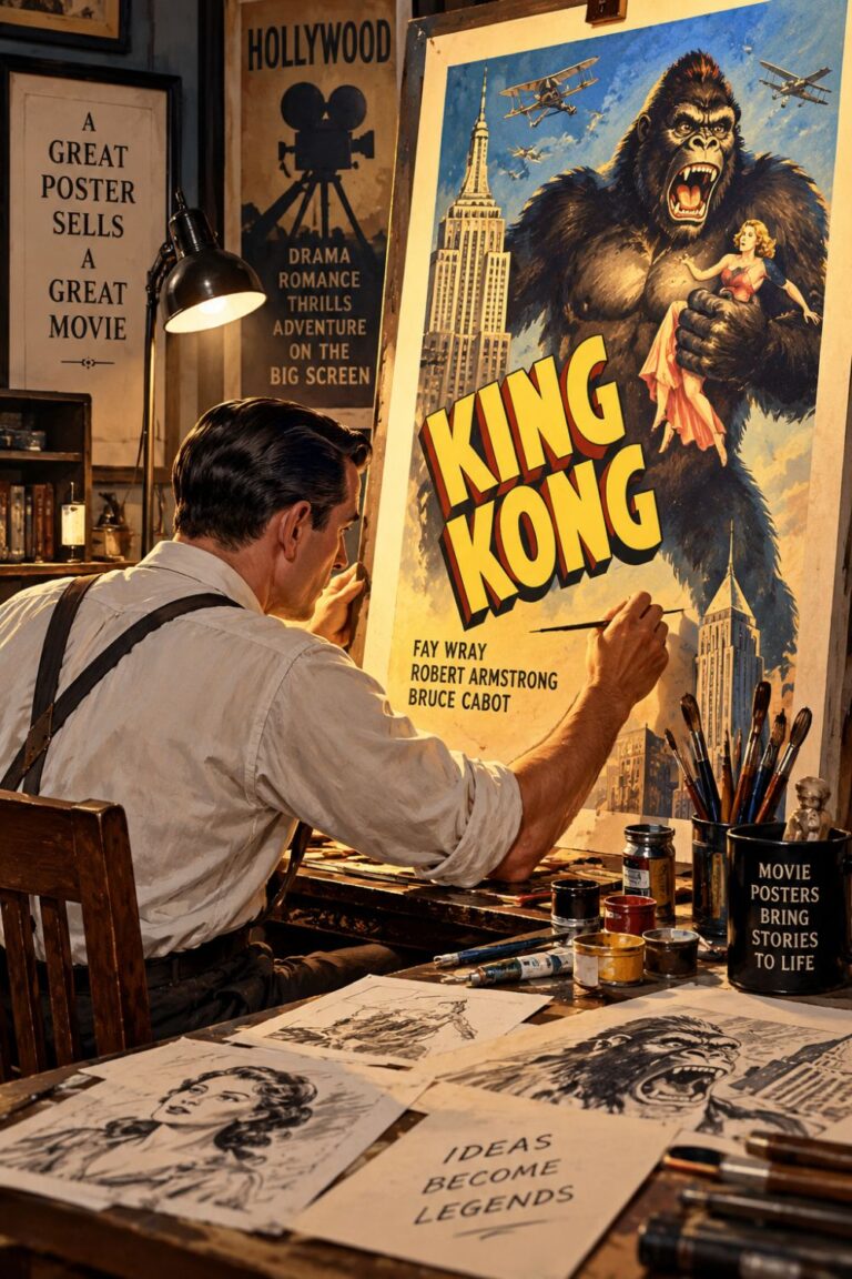 Vintage film posters artist creating a classic King Kong movie poster