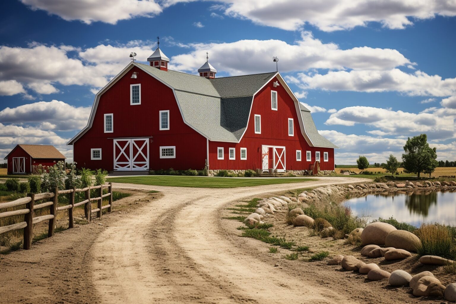 Farmhouse With Barn And Driveway