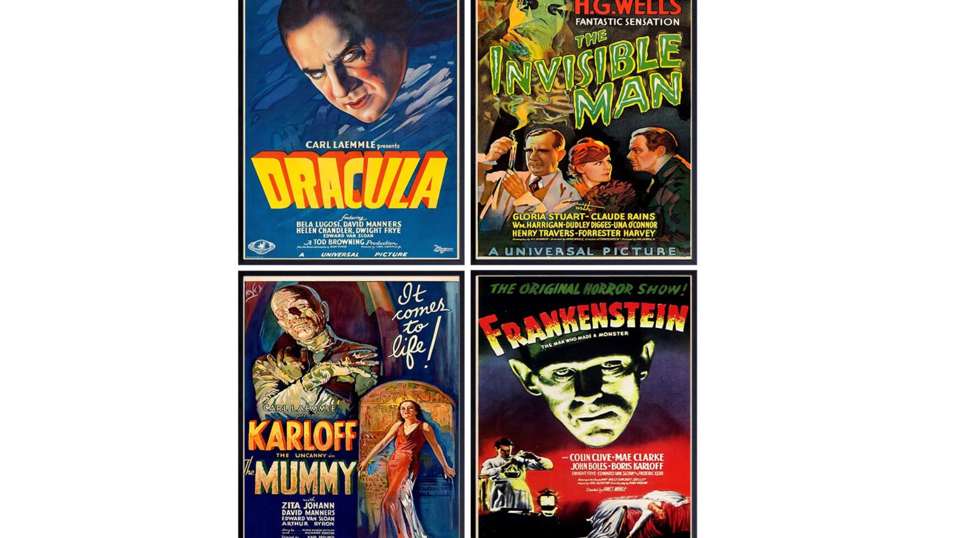 Dracula - The invisible Man - The Mummy - Frankenstein - Vintage Horror Monster Movie Poster Set - Home Theater Wall Art Decorations - Creepy Classic Scary Movie - Man Cave, Boys Bedroom, Teens Ro