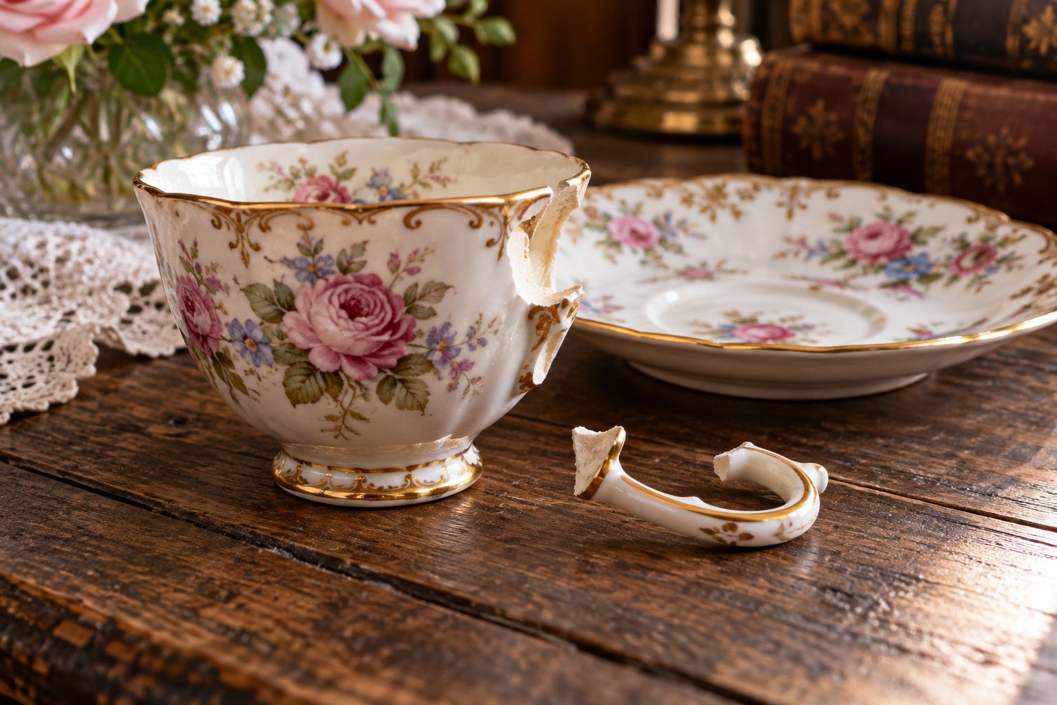 Antique floral china teacup with a broken handle beside a matching saucer on a wooden table.