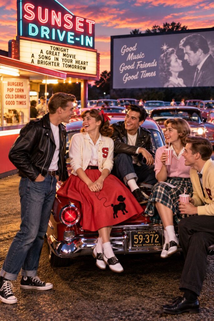 1950s teenagers at a drive-in representing nostalgia for music movies and fashion