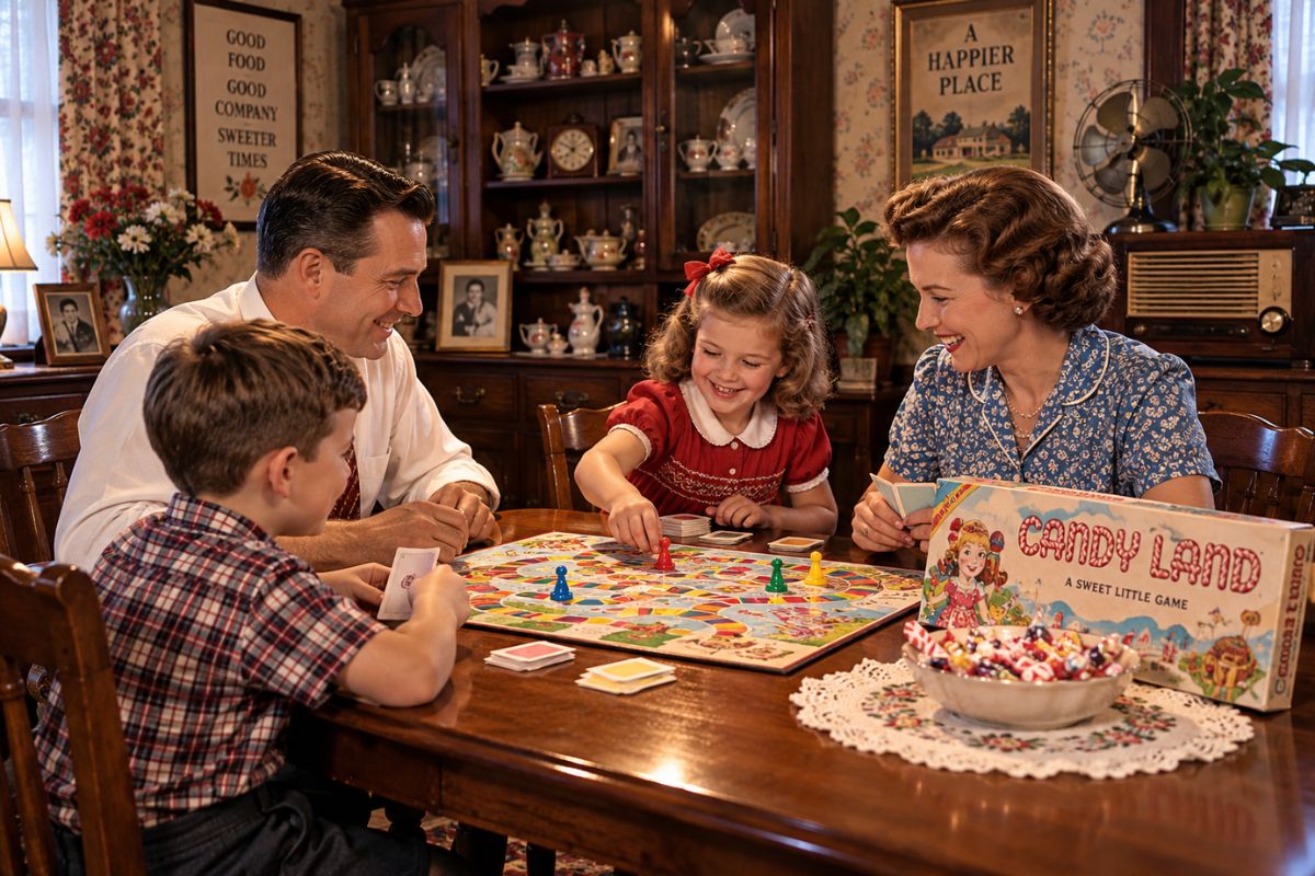 1950s family playing Candy Land together in a nostalgic family home
