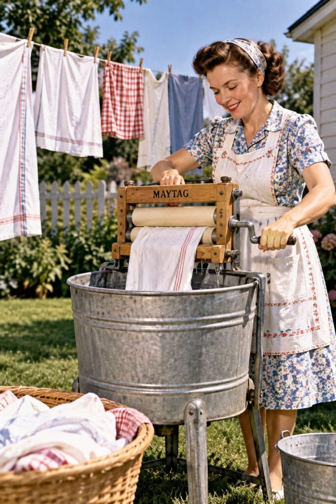 1950s woman using a wringer washer for Nostalgia Myths Debunked