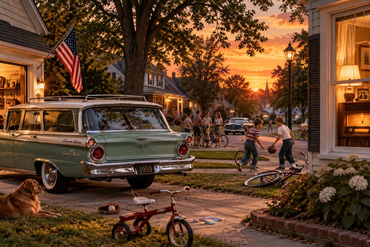 1959 Ford station wagon on a nostalgic neighborhood street with children playing outside