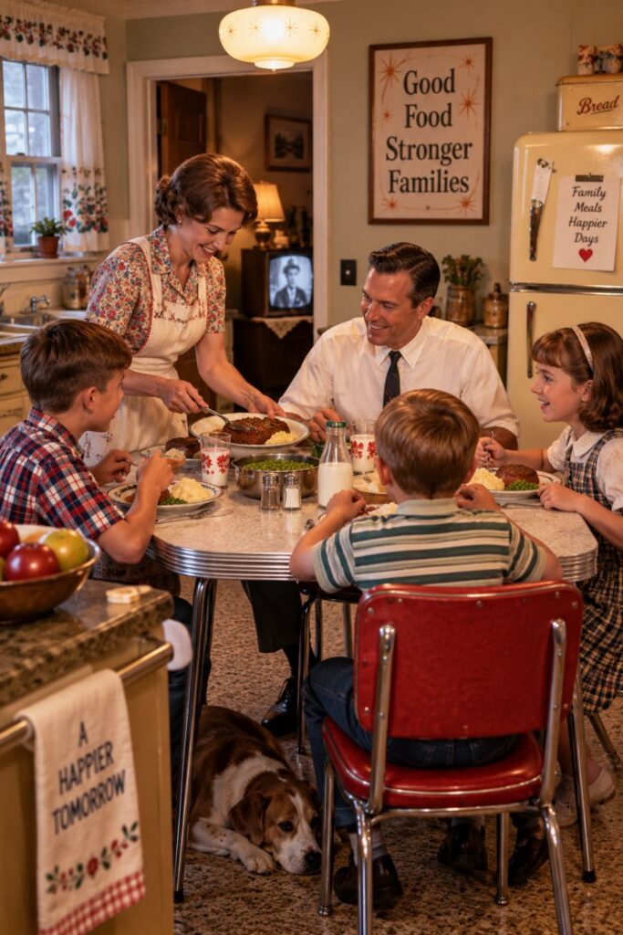 1950s family sharing dinner together in a nostalgic family home