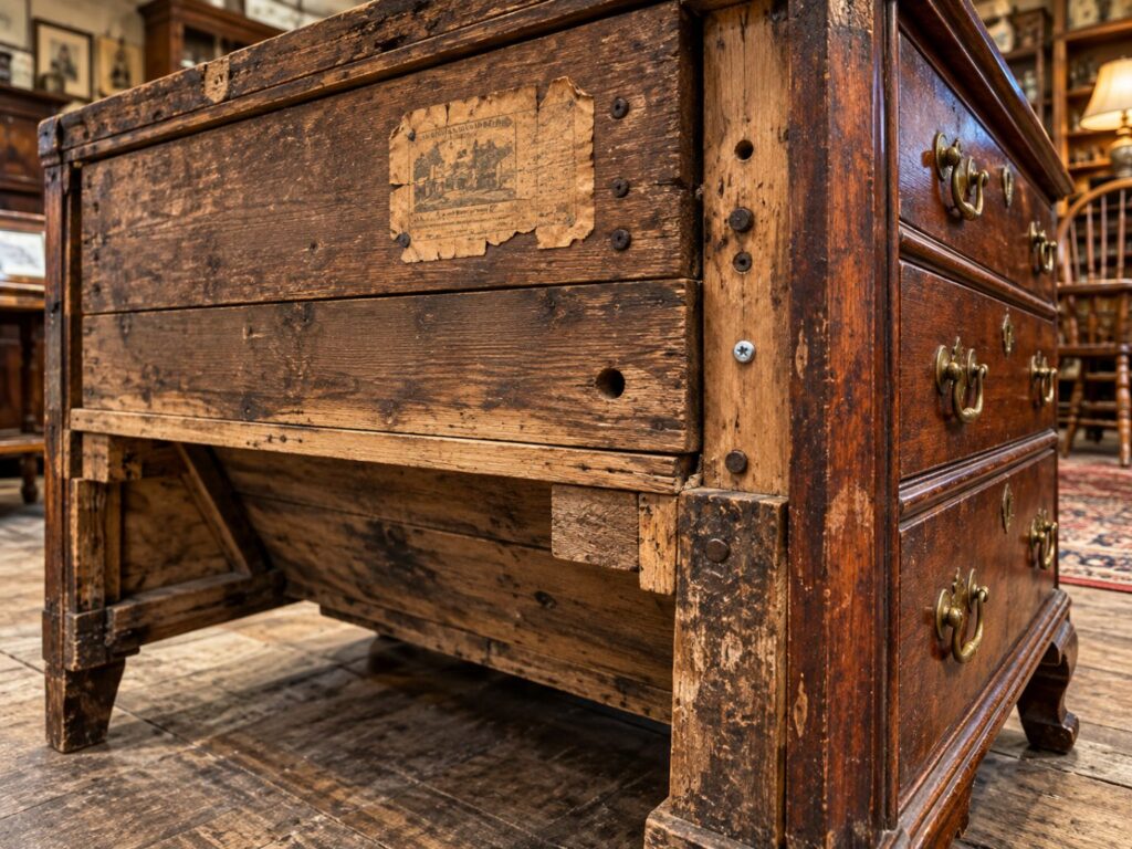 Back of quality vintage furniture showing label, hardware, wear, and construction clues