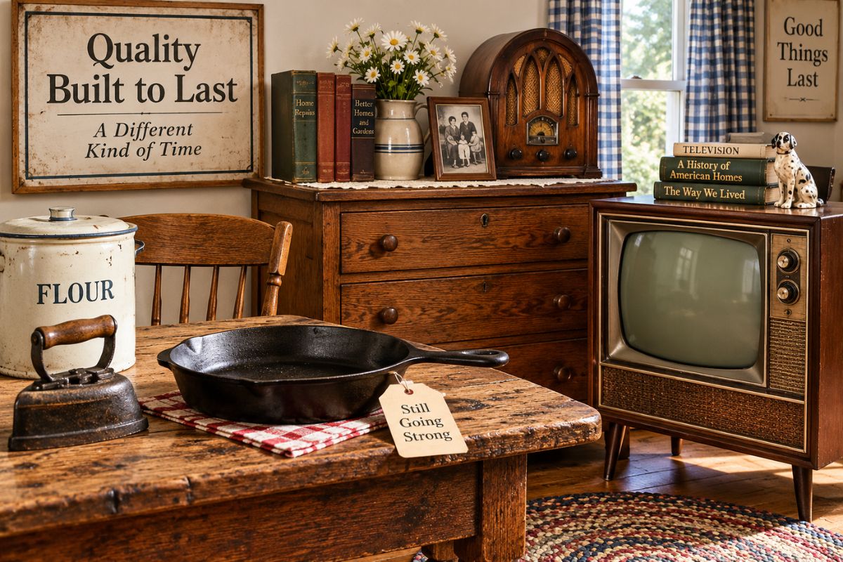 Vintage furniture, cast iron cookware, and an old television illustrate the myth that things were built to last