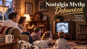 Nostalgia Myths Debunked vintage family gathered around a television