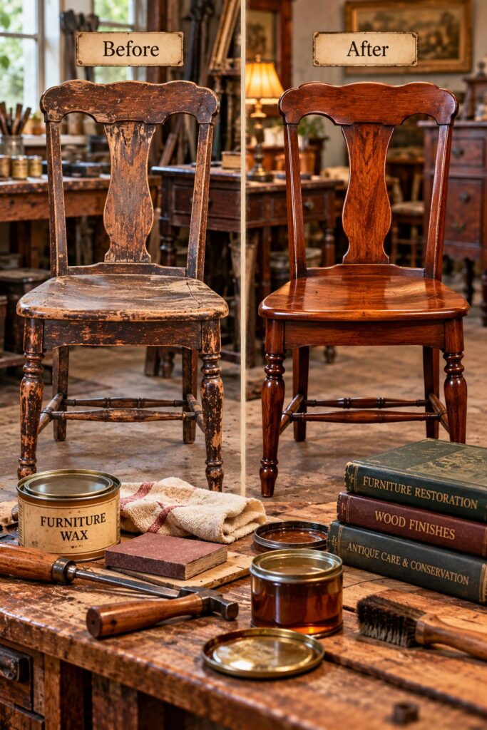 Vintage wooden chair before and after furniture restoration