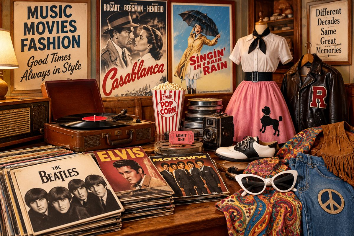 Vintage music, classic movies and retro fashion illustrate nostalgia about entertainment and style from the past