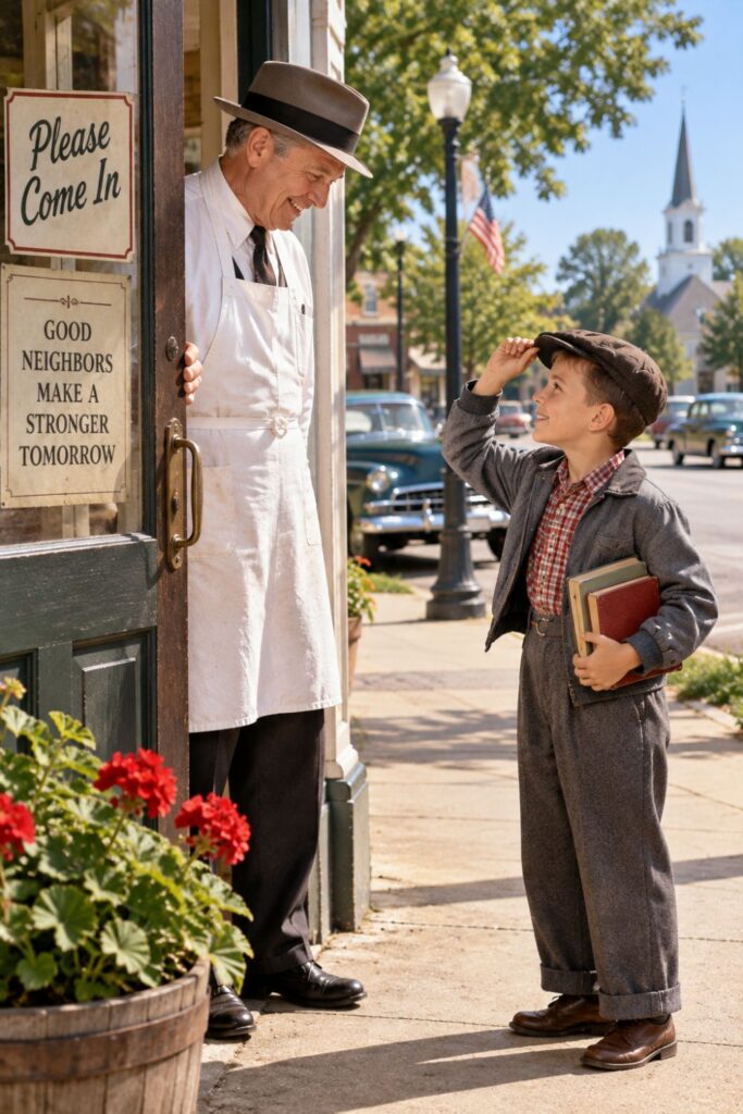 1950s schoolboy showing good manners in a nostalgic neighborhood