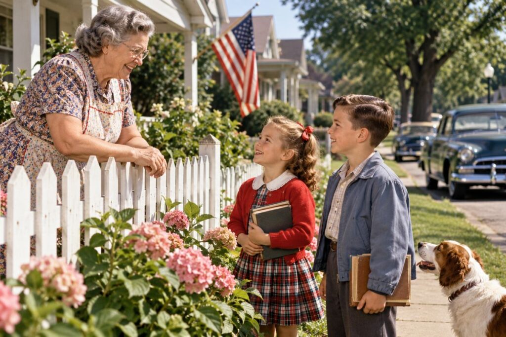 1950s children talking with a neighbor in a nostalgic American neighborhood
