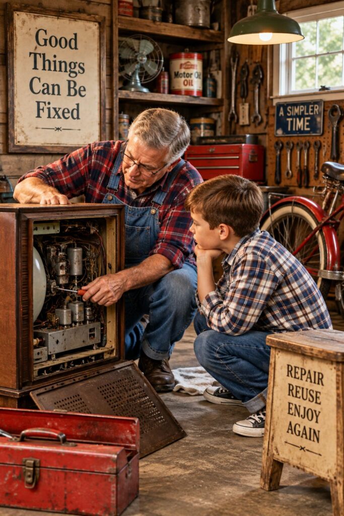 Father and son repairing a vintage television built to last