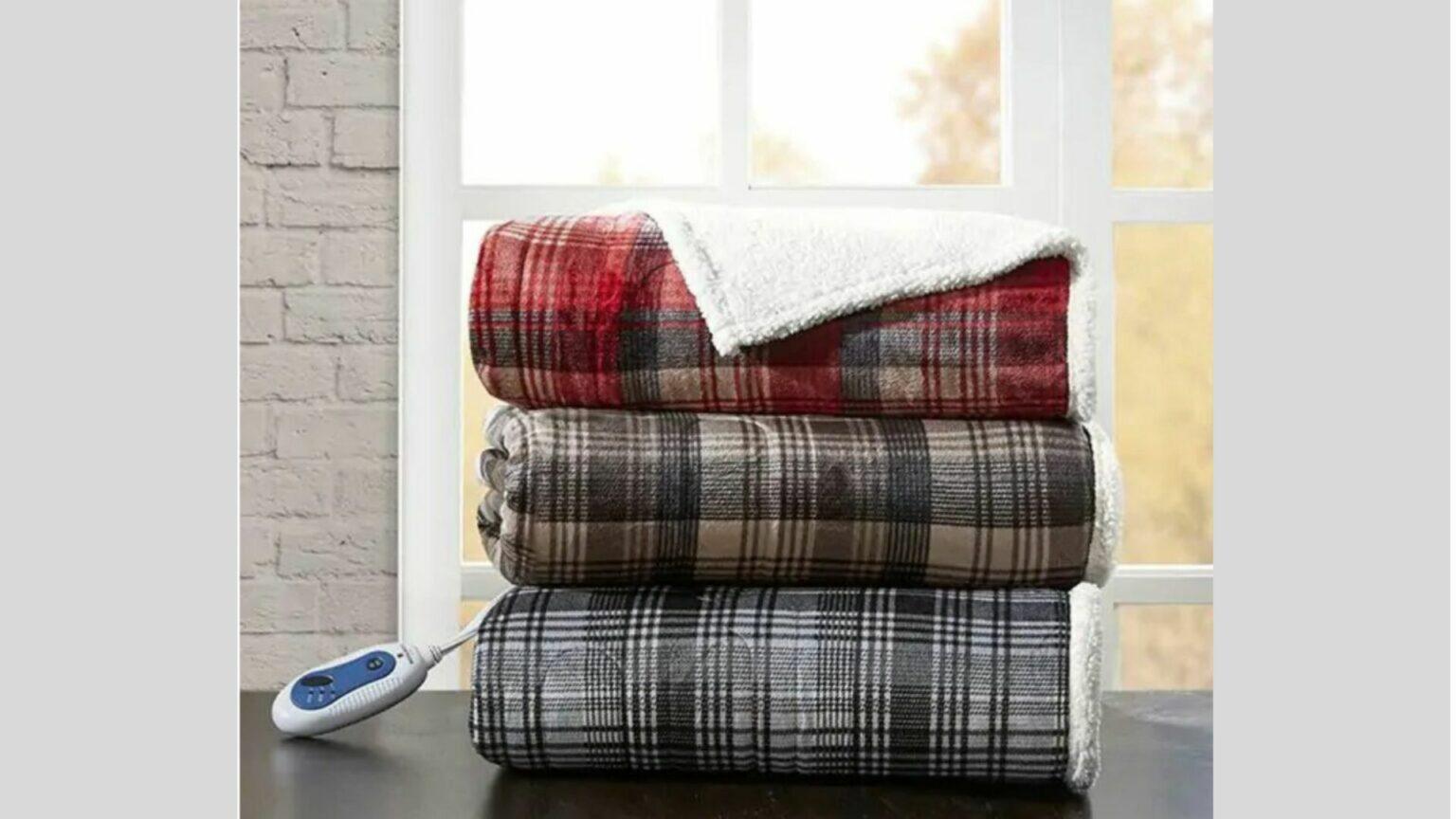 Oversized Plaid Heated Throw Blanket Cozy Farmhouse Look