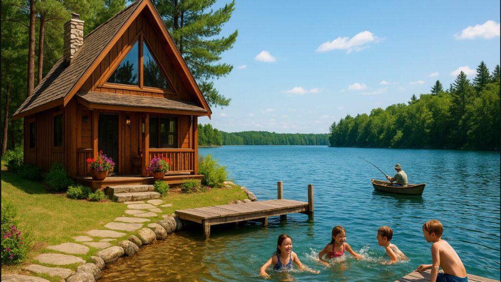 A Frame Cottage-Kids Swiming, and Fishermam Fishing