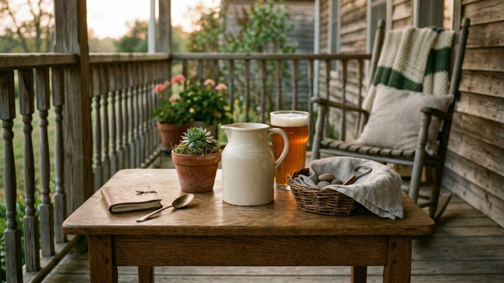 A Rocking Chair. An Old Table with a Pitcher of Beer Next To an Antique Rocking Chair