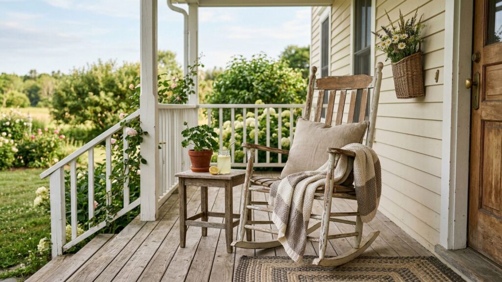 An Antique Rocking Chair On a Wooden Porch