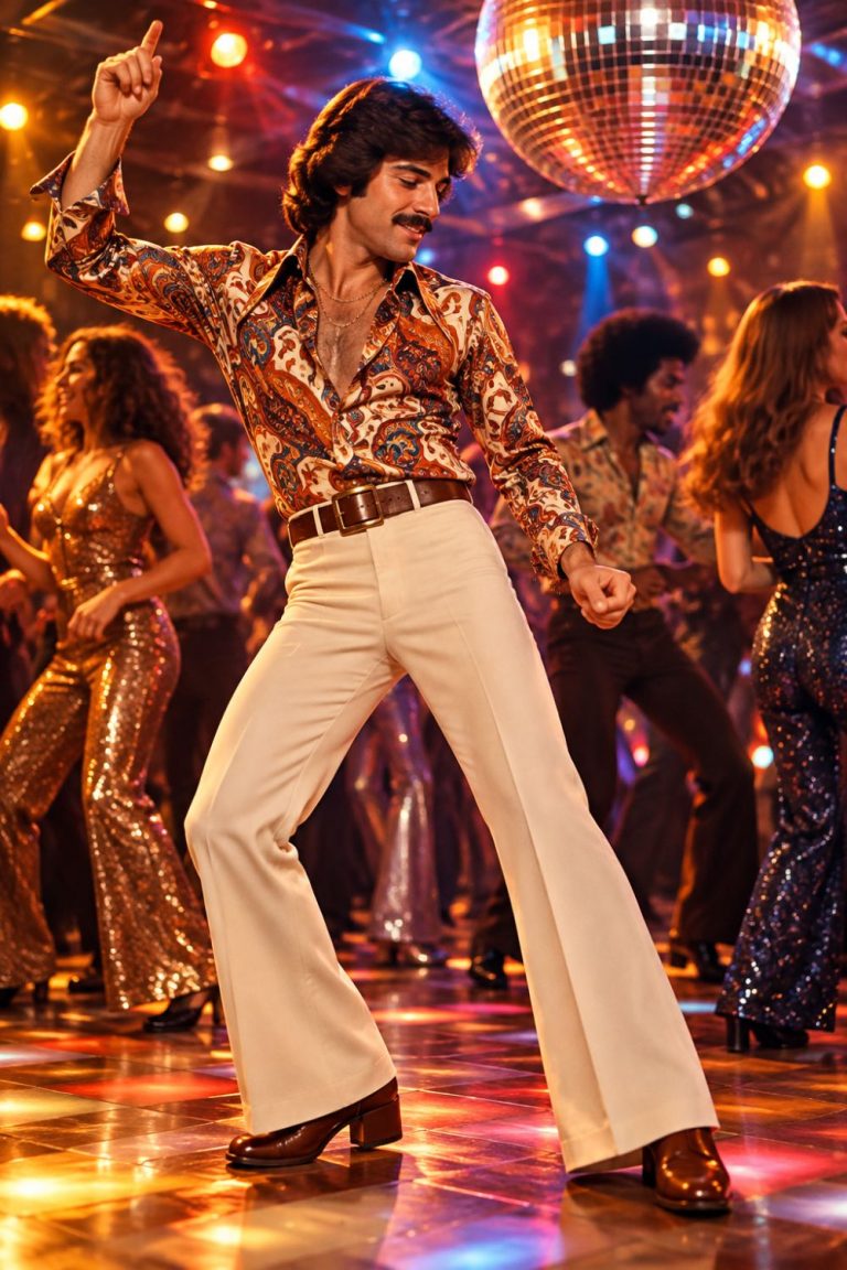 Man dancing in patterned disco shirt and bell-bottom trousers