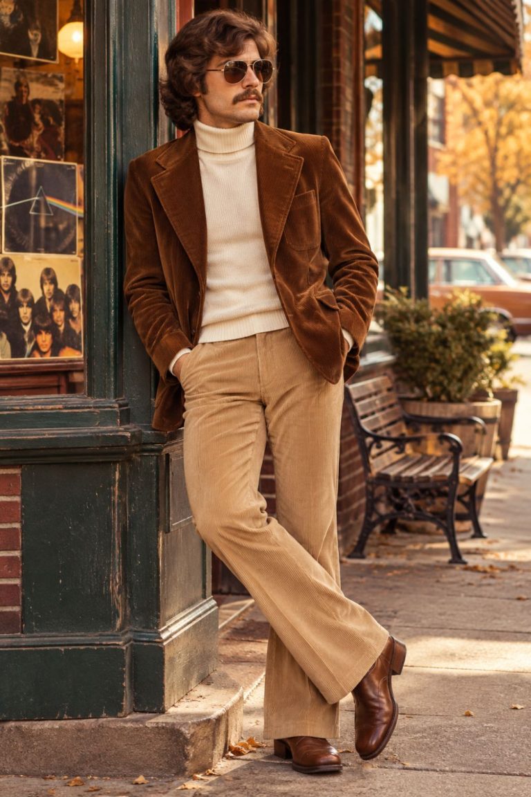Man in a brown corduroy jacket, cream turtleneck, and aviator sunglasses