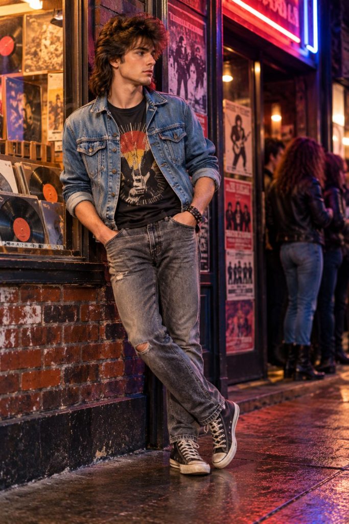1980s men’s rock fashion with denim jacket, band-style T-shirt, and faded jeans
