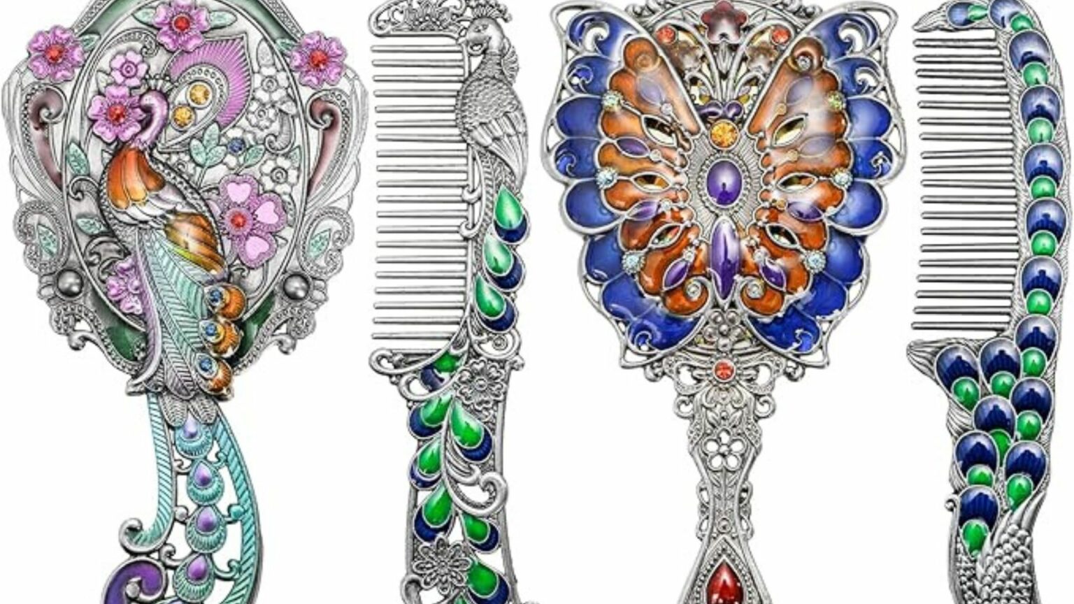 4 Piece Vintage Mirror Comb Set, Metal Antique Handheld Mirror with Comb, Decorative Embossed Peacock Butterfly, Women's Vanity Makeup Cosmetic Mirrors Portable for Travel