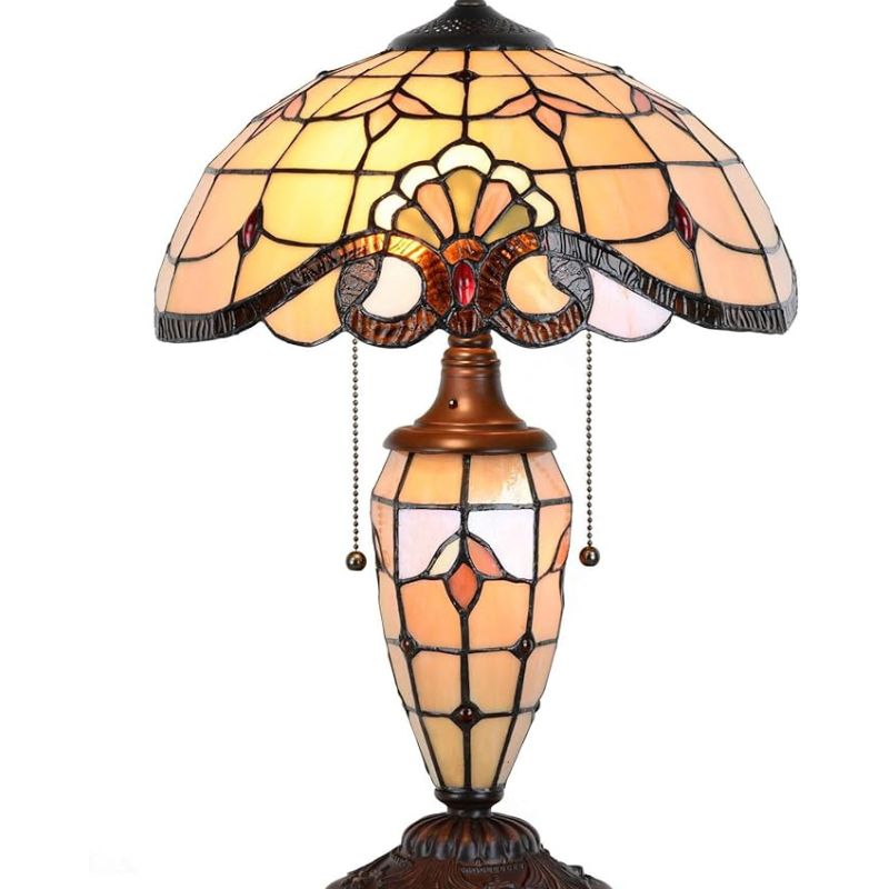 Bieye L10799 Baroque Tiffany Style Stained Glass Table Lamp, Lighted Base, 14" W x 21" H