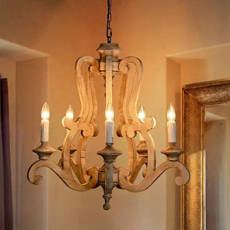 Farmhouse Chandelier, Wood Chandeliers for Dining Room Light Fixture, Vintage French 5-Light Candle Pendant Light, Rustic Kitchen Island Lighting for Entryway Living Room Bedroom, E12