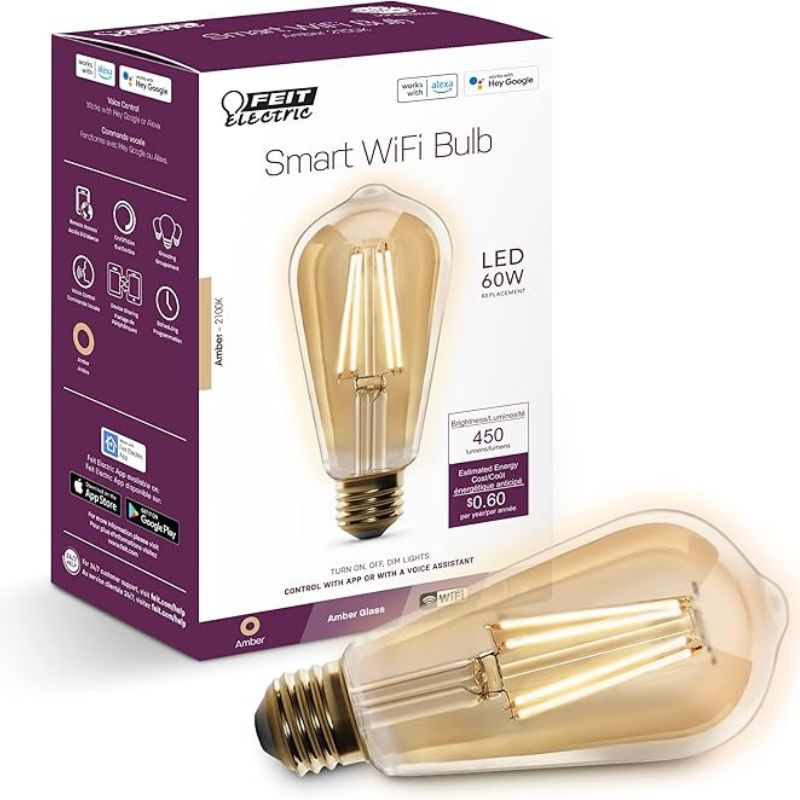 Feit Electric ST1960/FIL/AG 60 Watt Equivalent WiFi Dimmable, No Hub Required, Alexa or Google Assistant ST19 Edison Vintage LED Smart Light Bulb, Yellow, 5.4" H x 2.5" D, 2100K Amber