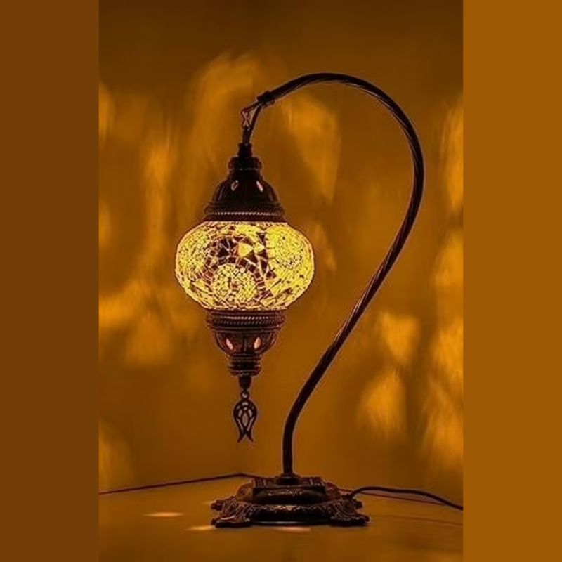Kafthan - Turkish Handmade Mosaic Glass Table Lamp - Unique Custom Moroccan Swan Neck Lamp Shades - Decorative Globe Candelabra Room Decor Lantern Lamp - Desk Bedside Night Lamp -White Triple Circles