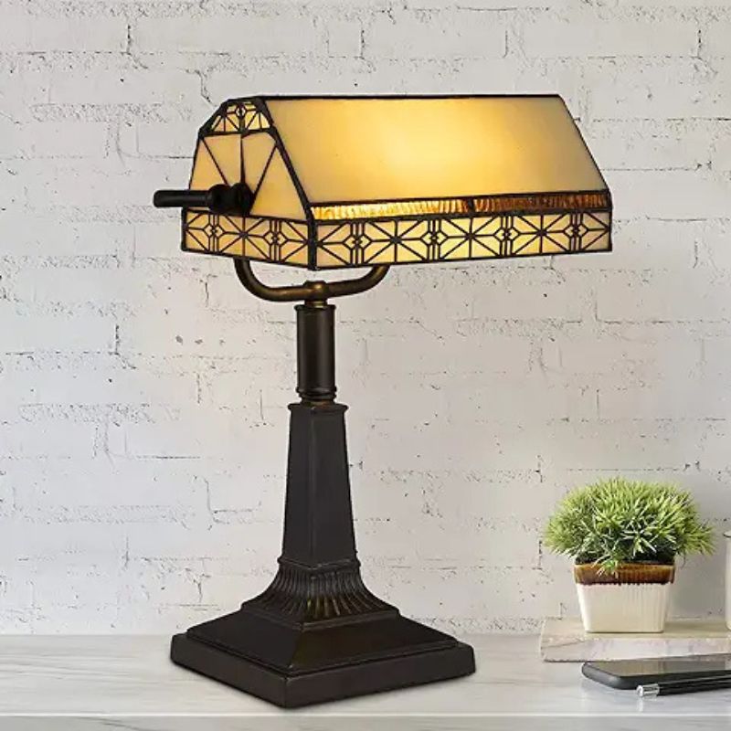 Lavish Home Tiffany-Style Bankers Lamp - Vintage-Looking Mission-Style Table or Desk LED Light with Stained Glass Shade (Dark Brown)