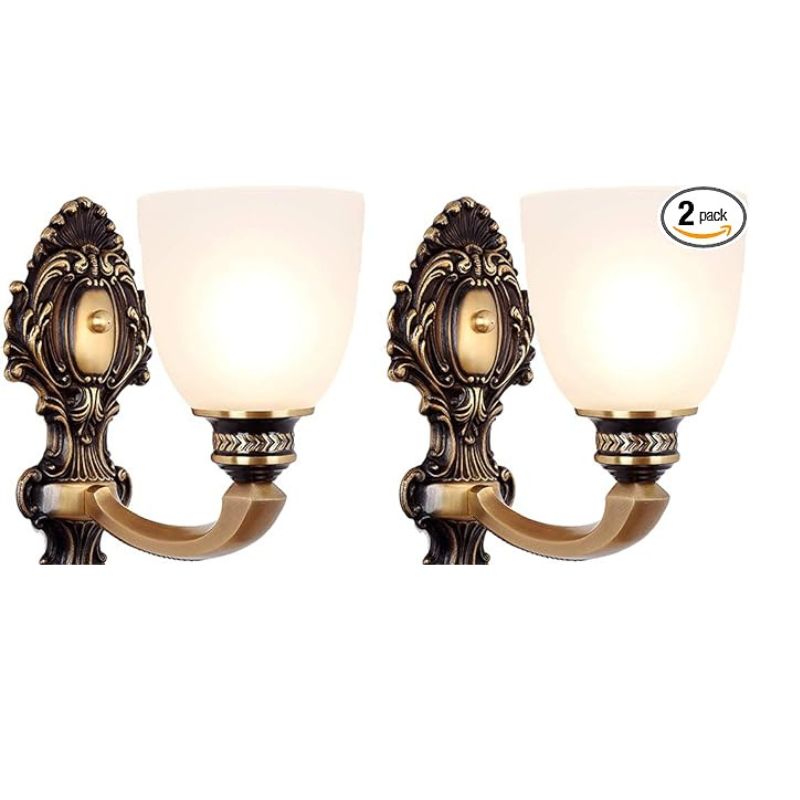 NOXARTE 2 Pack Vintage Wall Sconce Brass Wall Mounted Light Ceiling Fixture with Milk White Glass Shades for Living Room Bedroom Hallway