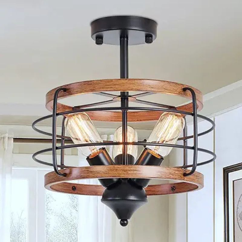 Semi Flush Mount Ceiling Light Fixture, 3-Lights Retro Farmhouse Ceiling Lamp, Rustic Industrial Lights, Brown Metal Vintage Chandelier Lighting for Bedroom Kitchen Dining Room Hallway Foyer