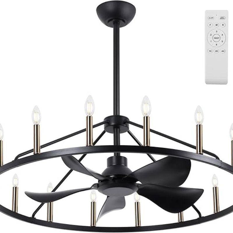 She's home 43" Black Gold Wagon Wheel Chandelier Farmhouse Ceiling Fan with Light and Remote,16-Lights Large Fandelier with Candle,Rustic Big Light Fixture for Living Room
