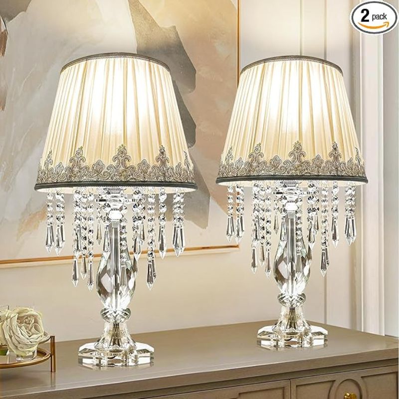 Siljoy Crystal Table Lamp Set of 2, Dimmable Bedside Lamp with Fabric Shades, Farmhouse Nightstand Lamps with K9 Crystal Strands for Living Room Bedroom 22.8 High