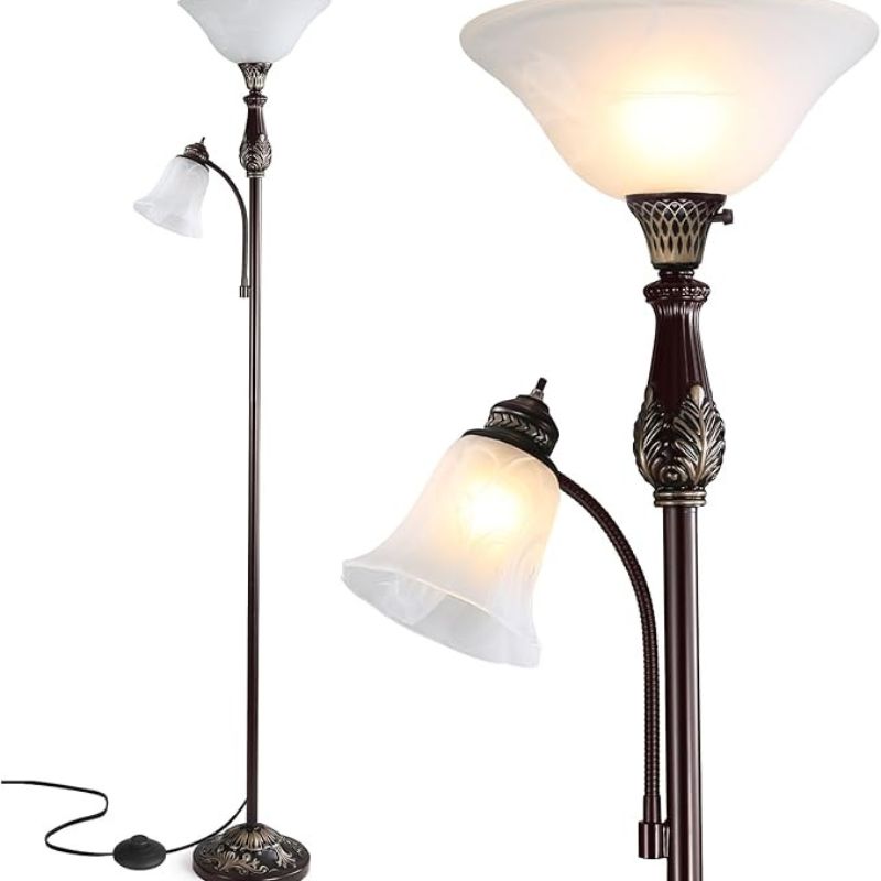 Torchiere Floor Lamps for Living Room & Bedroom, 71" Vintage Victorian Floor lamp with Reading Light, Tall Corner Standing Farmhouse Lamp for with Glass Shade Home Office Decor, Bronze