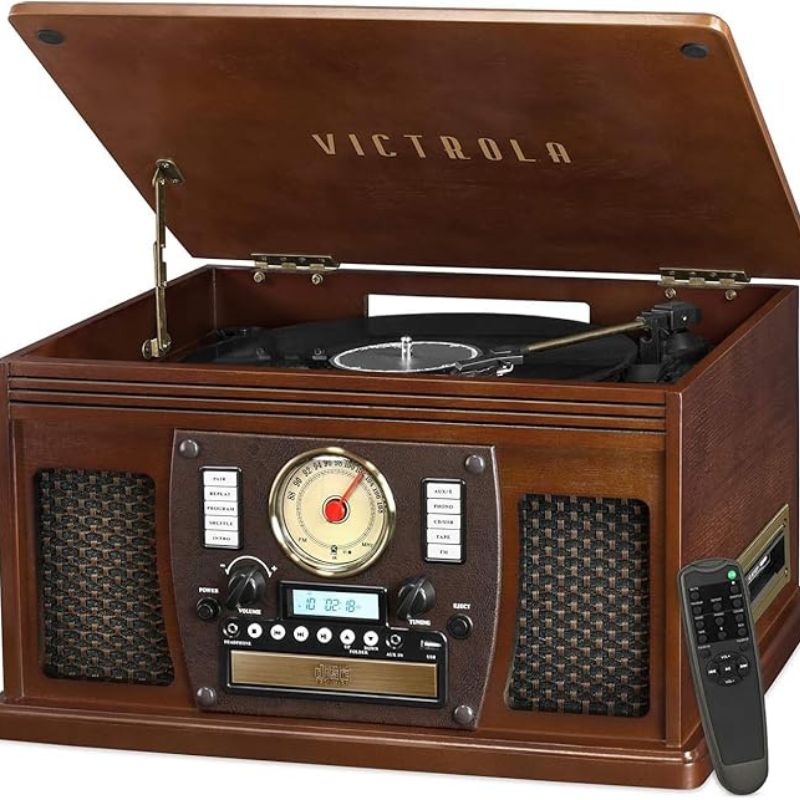 Victrola Navigator 8-in-1 Bluetooth Record Player with Built-in Speakers– 3 Speed Turntable, CD Player, Cassette, FM Radio, USB, RCA Out, Headphone Jack, Wireless Music Streaming, Real Wood (Espre