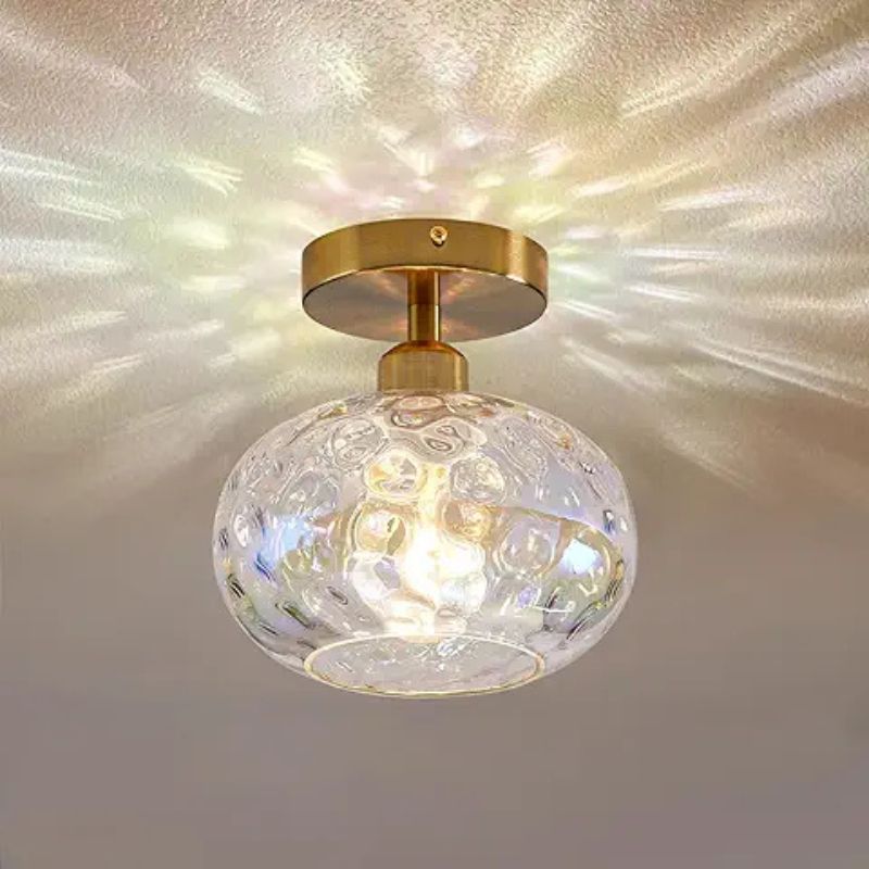 Vintage Glass Flush Mount Ceiling Light - 7.9 Inch Iridescent Hammered Glass Hallway Light fixtures Ceiling, Gold Semi Flush Mount Ceiling Light for entryway Foyer Laundry Room Kitchen
