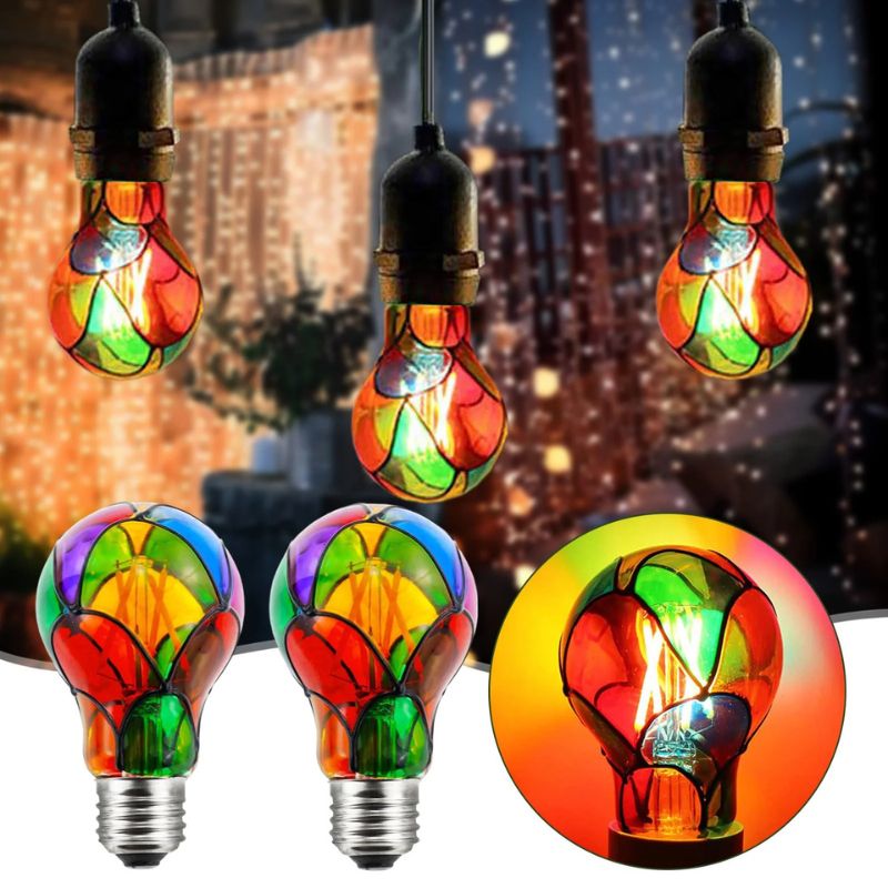 Vintage Stained Glass LED Edison Bulbs (2-Pack) - Dimmable A60 Filament Lights with Hand-Painted Design - Energy-Efficient Decorative Lighting for Lamps & Parties