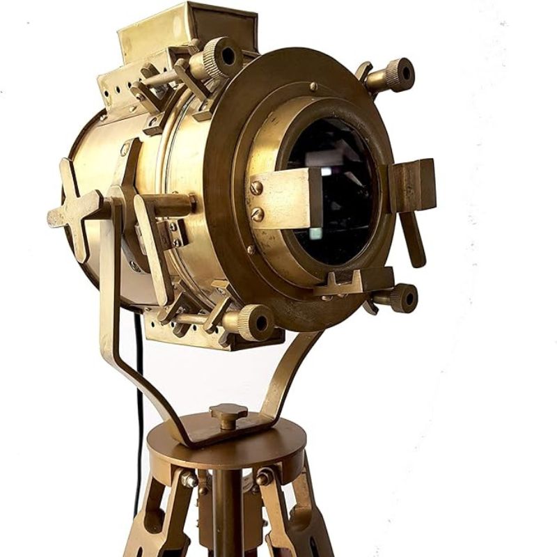 collectiblesBuy Vintage Antique Hollywood Theater Marine Searchlight Nautical Wooden Brown Tripod Handmade Brass Floor Lamp Retro Spotlight Home Decoration LED Lamps