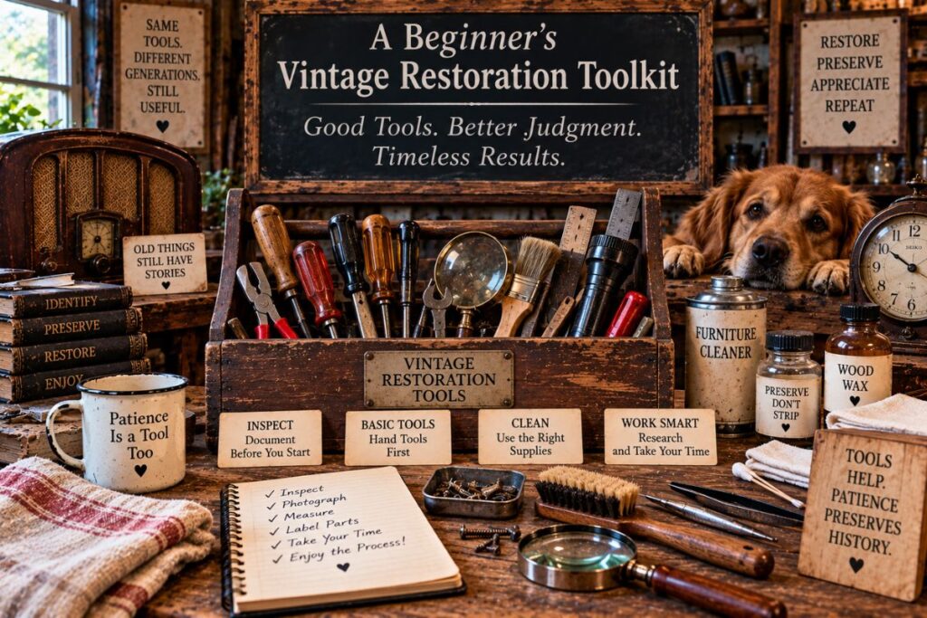 Beginner's vintage restoration toolkit with hand tools, flashlight, brushes, measuring tape, and cleaning supplies