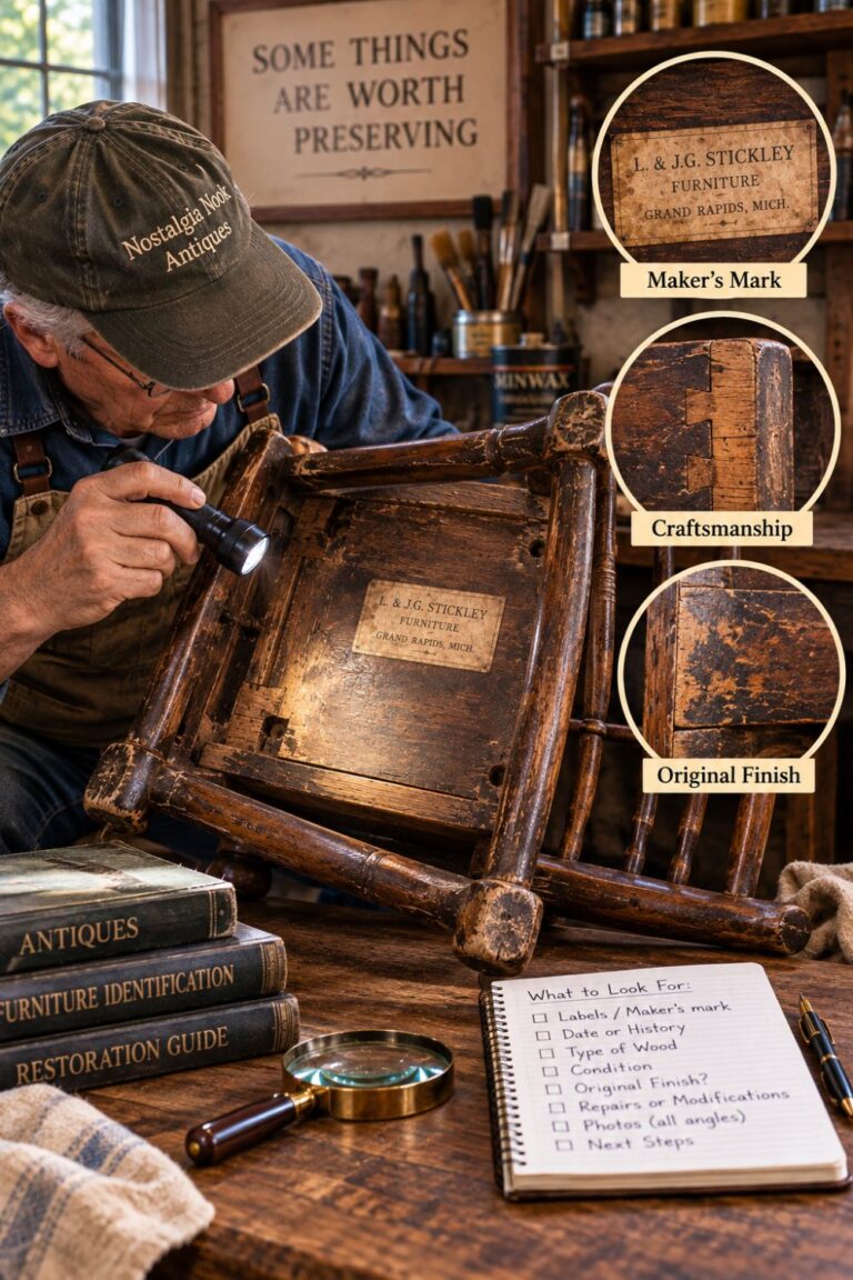 Antique chair inspected for maker's mark, craftsmanship, and original finish before vintage restoration