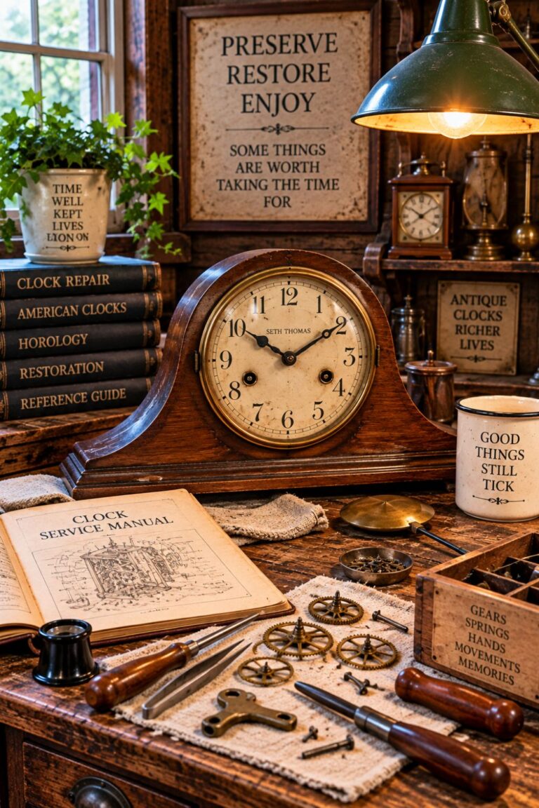 Antique mantel clock with clock service manual, gears, winding key, and repair tools
