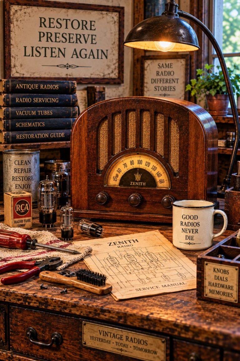 Antique tube radio with vacuum tubes, service manual, and repair tools on a restoration workbench