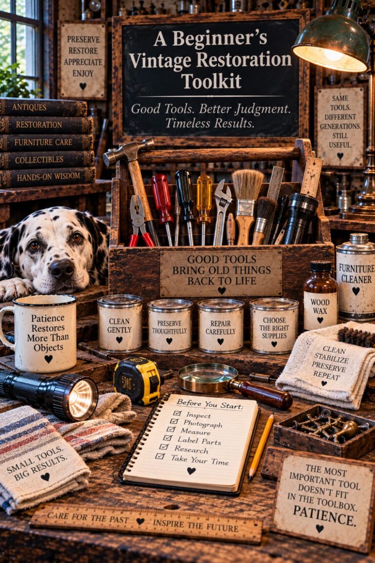 Vintage restoration toolkit with hand tools, brushes, flashlight, measuring tape, cleaning supplies, and notebook
